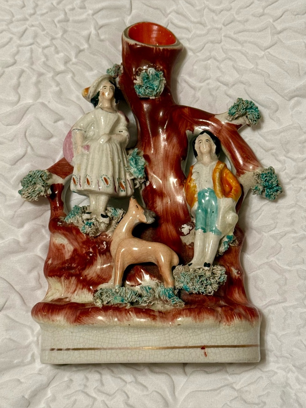 Vase - antique vintage Staffordshire spill vase - couple, tree, deer. As-is